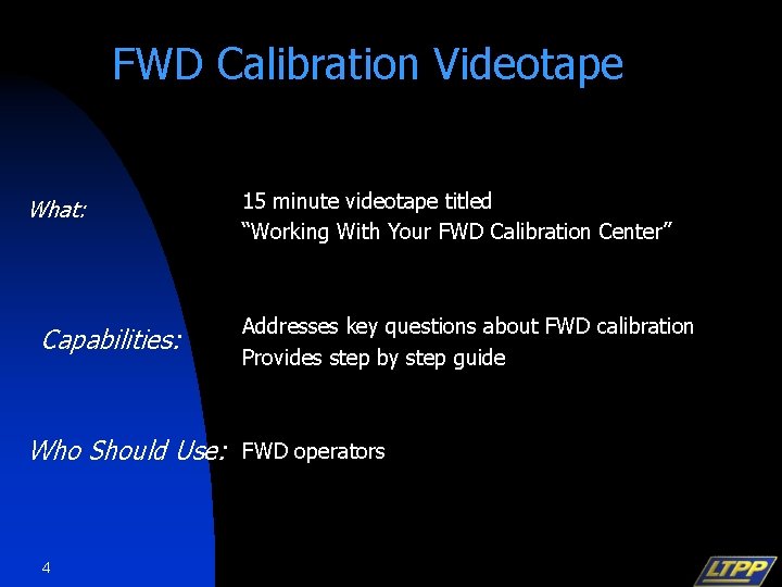 FWD Calibration Videotape What: Capabilities: Who Should Use: 4 15 minute videotape titled “Working