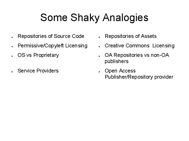 Some Shaky Analogies ● Repositories of Source Code ● Repositories of Assets ● Permissive/Copyleft