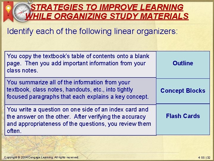 STRATEGIES TO IMPROVE LEARNING WHILE ORGANIZING STUDY MATERIALS Identify each of the following linear