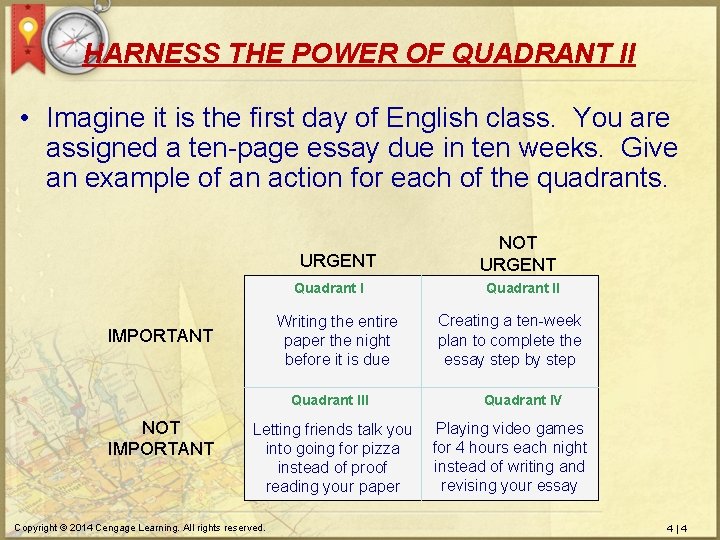 HARNESS THE POWER OF QUADRANT II • Imagine it is the first day of