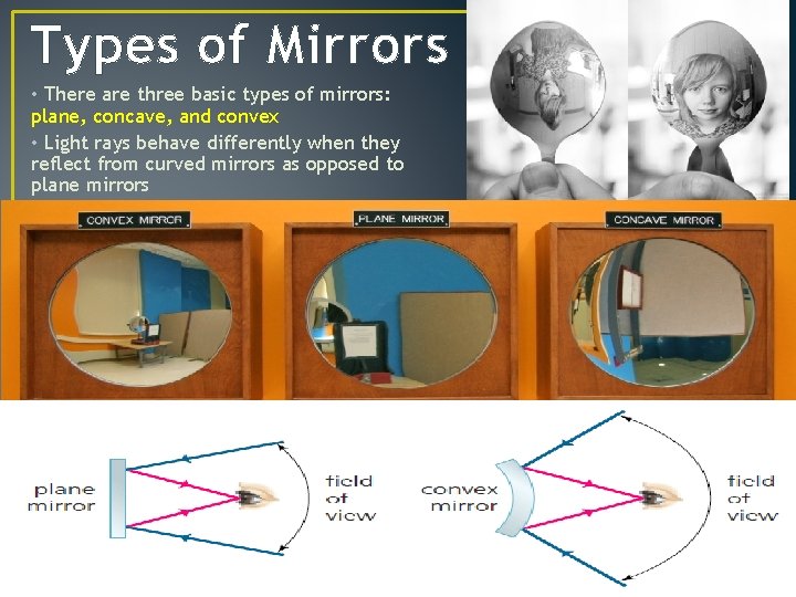 Types of Mirrors • There are three basic types of mirrors: plane, concave, and