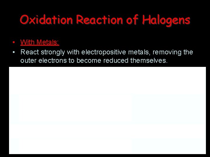 Oxidation Reaction of Halogens • With Metals: • React strongly with electropositive metals, removing