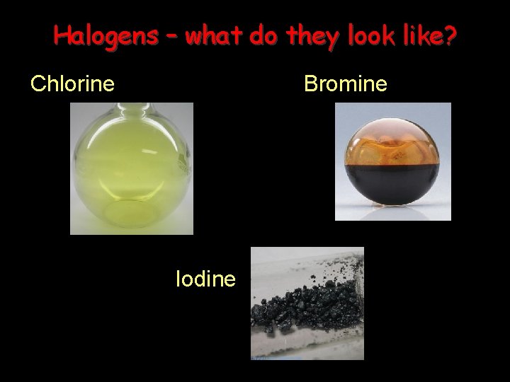 Halogens – what do they look like? Chlorine Bromine Iodine 