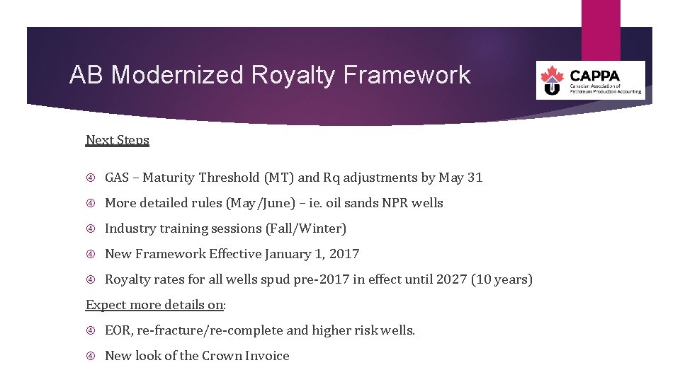 AB Modernized Royalty Framework Next Steps GAS – Maturity Threshold (MT) and Rq adjustments