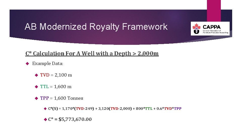 AB Modernized Royalty Framework C* Calculation For A Well with a Depth > 2,