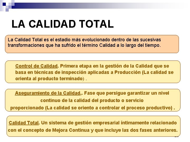 LA CALIDAD TOTAL La Calidad Total es el estadio más evolucionado dentro de las