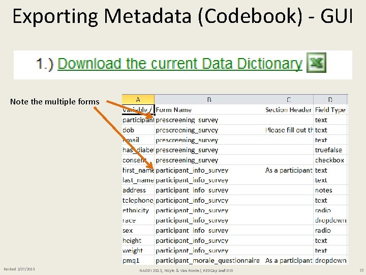 Exporting Metadata (Codebook) - GUI Note the multiple forms Revised 2/17/2013 NADDI 2013, Hoyle