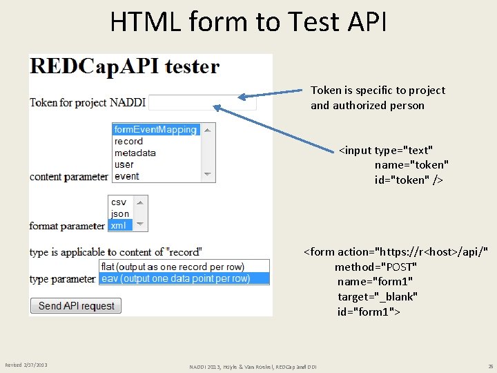 HTML form to Test API Token is specific to project and authorized person <input