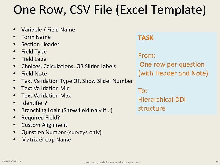 One Row, CSV File (Excel Template) • • • • Revised 2/17/2013 Variable /