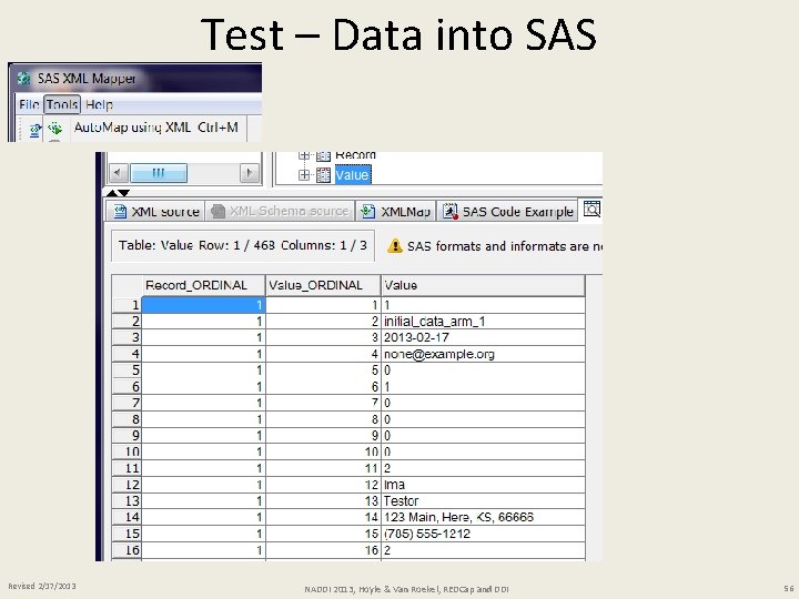 Test – Data into SAS Revised 2/17/2013 NADDI 2013, Hoyle & Van Roekel, REDCap