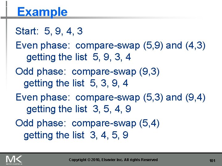 Example Start: 5, 9, 4, 3 Even phase: compare-swap (5, 9) and (4, 3)