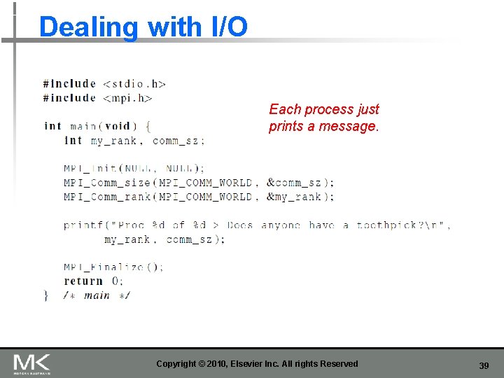 Dealing with I/O Each process just prints a message. Copyright © 2010, Elsevier Inc.