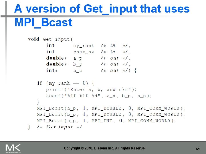 A version of Get_input that uses MPI_Bcast Copyright © 2010, Elsevier Inc. All rights