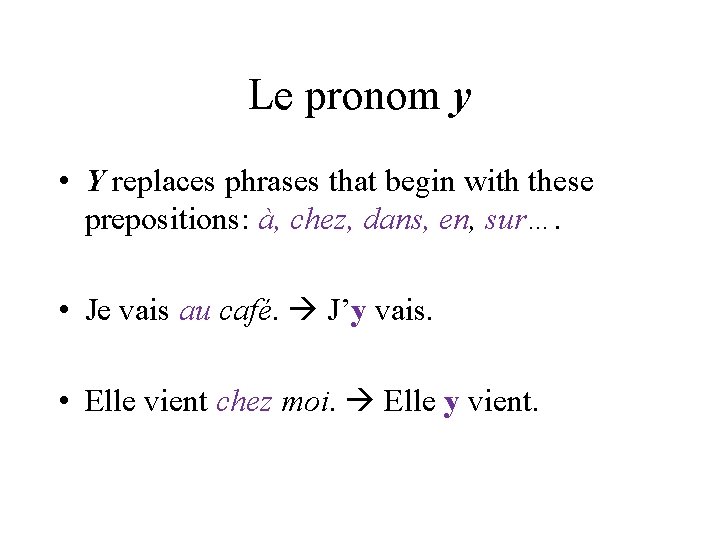 Le pronom y • Y replaces phrases that begin with these prepositions: à, chez,