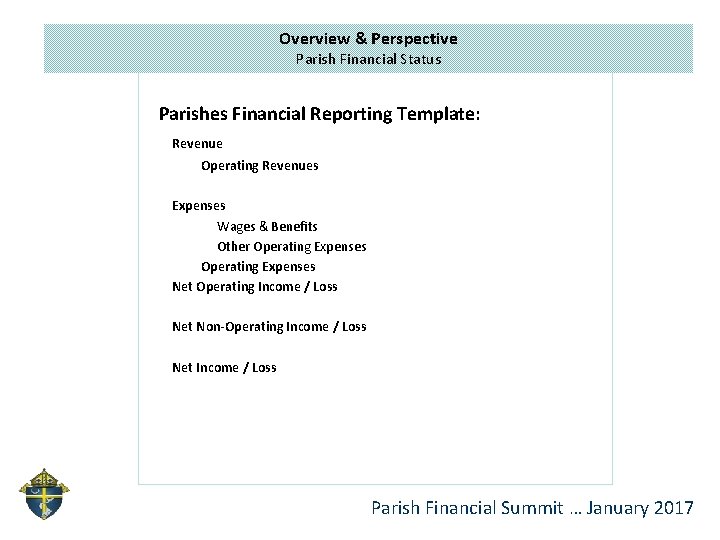 Overview & Perspective Parish Financial Status Parishes Financial Reporting Template: Revenue Operating Revenues Expenses