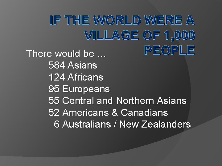 IF THE WORLD WERE A VILLAGE OF 1, 000 PEOPLE There would be … IF THE WORLD WERE A VILLAGE OF 1, 000 PEOPLE There would be …