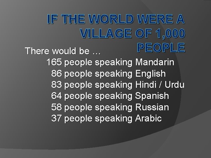IF THE WORLD WERE A VILLAGE OF 1, 000 PEOPLE There would be … IF THE WORLD WERE A VILLAGE OF 1, 000 PEOPLE There would be …