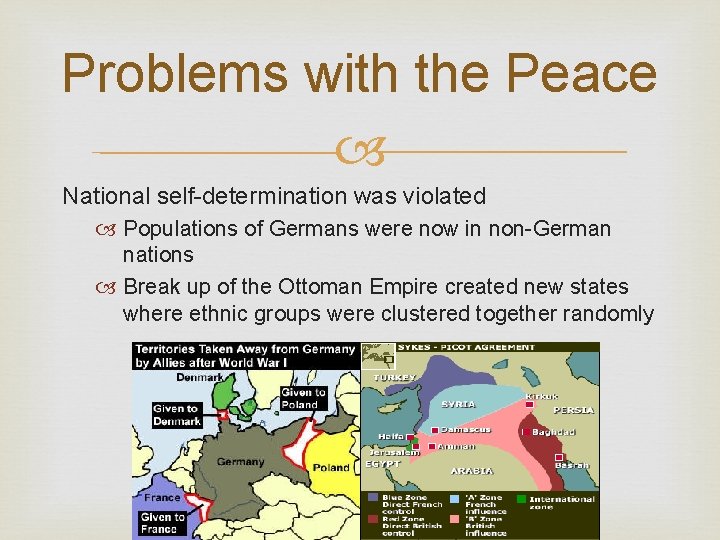 Problems with the Peace National self-determination was violated Populations of Germans were now in