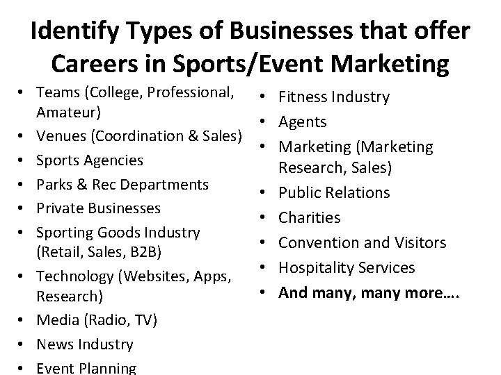 Identify Types of Businesses that offer Careers in Sports/Event Marketing • Teams (College, Professional,