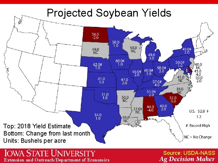 Projected Soybean Yields Top: 2018 Yield Estimate Bottom: Change from last month Units: Bushels