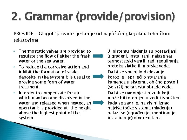 2. Grammar (provide/provision) PROVIDE - Glagol “provide” jedan je od najčešćih glagola u tehničkim