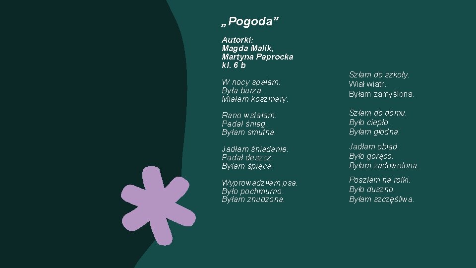 „Pogoda” Autorki: Magda Malik, Martyna Paprocka kl. 6 b W nocy spałam. Była burza.