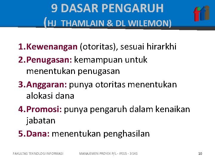 9 DASAR PENGARUH (HJ THAMLAIN & DL WILEMON) 1. Kewenangan (otoritas), sesuai hirarkhi 2.