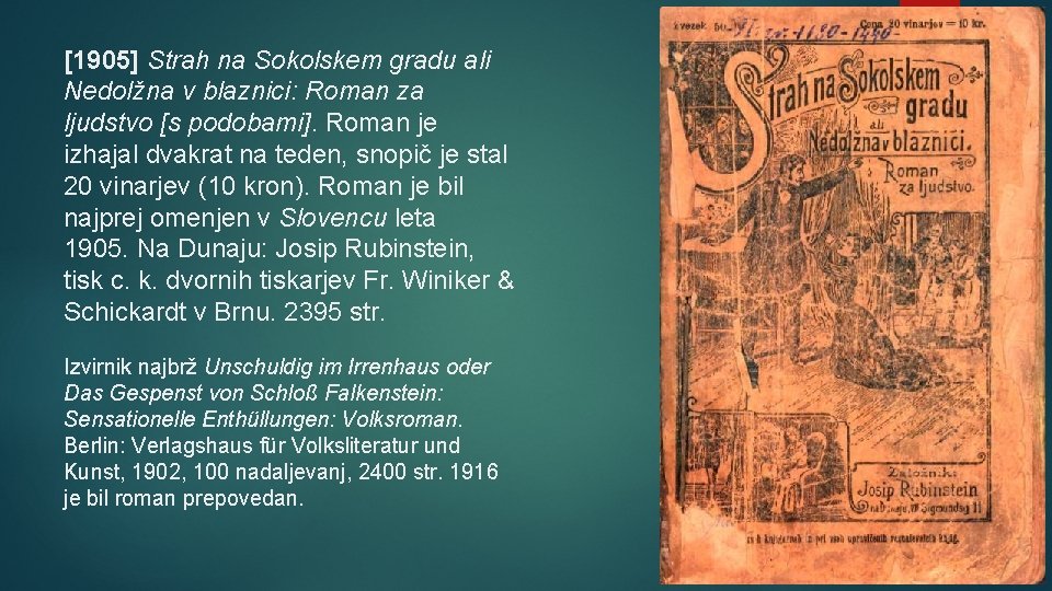 [1905] Strah na Sokolskem gradu ali Nedolžna v blaznici: Roman za ljudstvo [s podobami].