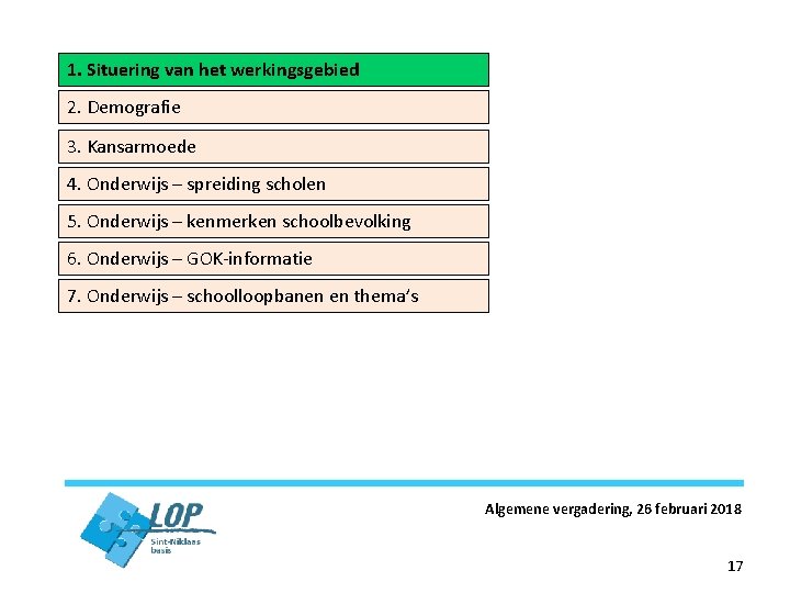 1. Situering van het werkingsgebied 2. Demografie 3. Kansarmoede 4. Onderwijs – spreiding scholen