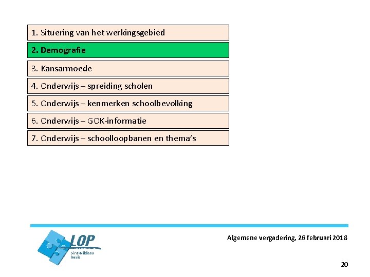 1. Situering van het werkingsgebied 2. Demografie 3. Kansarmoede 4. Onderwijs – spreiding scholen