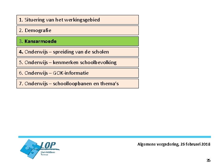 1. Situering van het werkingsgebied 2. Demografie 3. Kansarmoede 4. Onderwijs – spreiding van