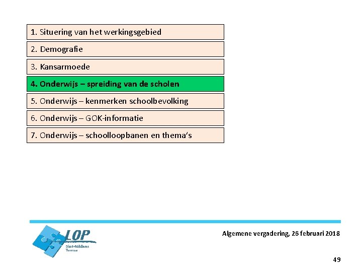 1. Situering van het werkingsgebied 2. Demografie 3. Kansarmoede 4. Onderwijs – spreiding van