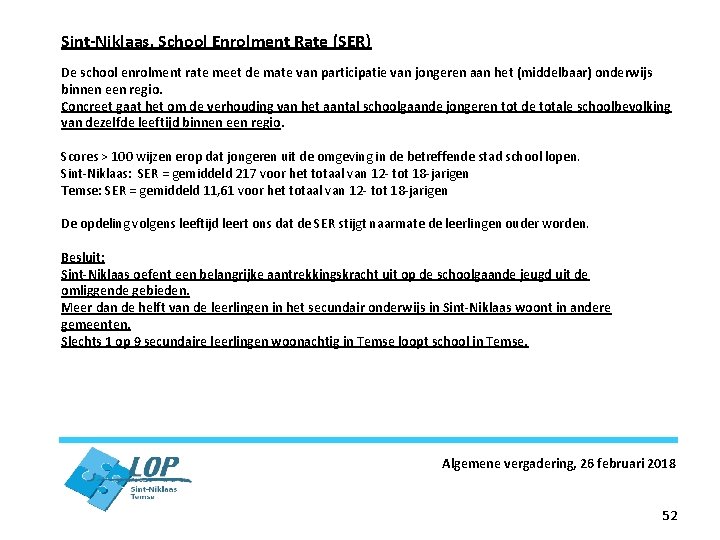 Sint-Niklaas, School Enrolment Rate (SER) De school enrolment rate meet de mate van participatie