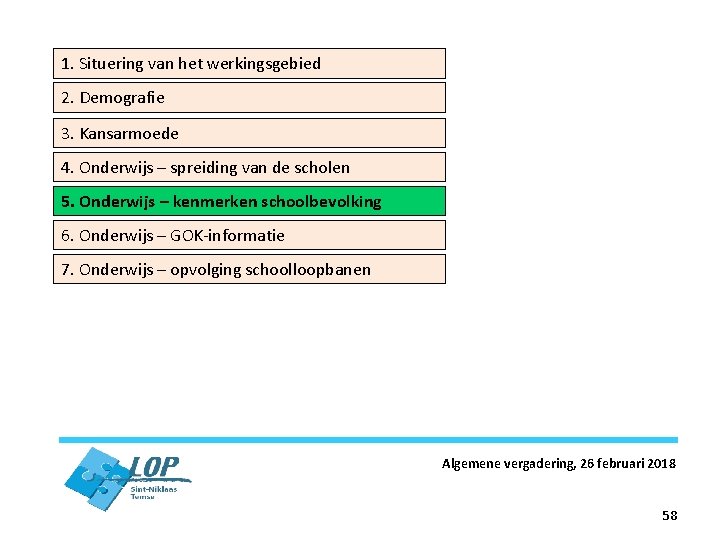 1. Situering van het werkingsgebied 2. Demografie 3. Kansarmoede 4. Onderwijs – spreiding van
