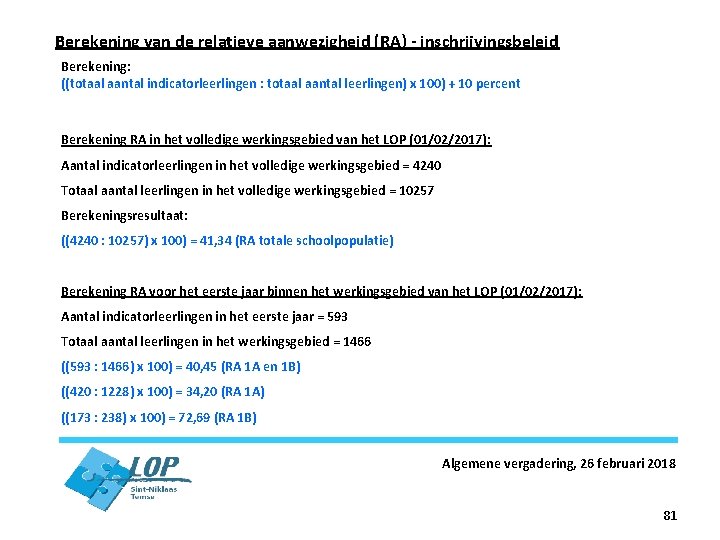 Berekening van de relatieve aanwezigheid (RA) - inschrijvingsbeleid Berekening: ((totaal aantal indicatorleerlingen : totaal