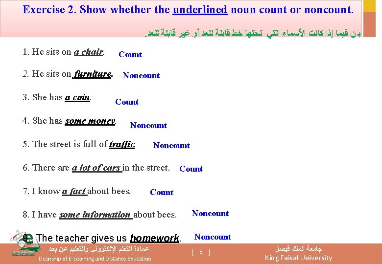 Exercise 2. Show whether the underlined noun count or noncount. . ﺑ ﻥ ﻓﻴﻤﺎ