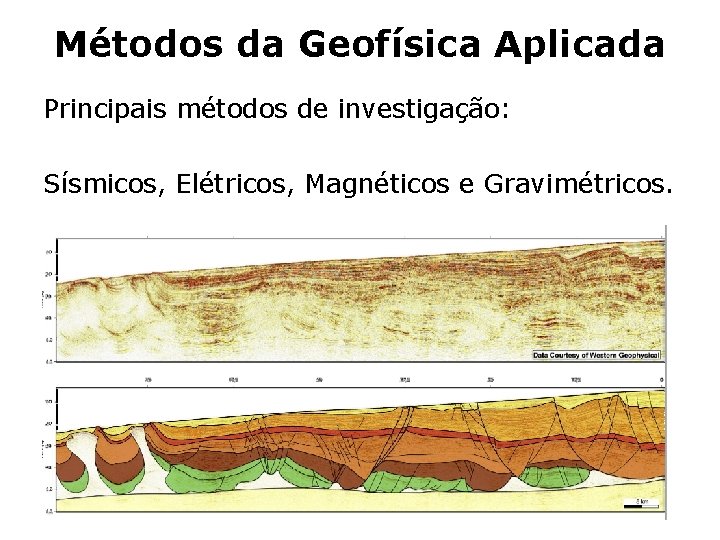Métodos da Geofísica Aplicada Principais métodos de investigação: Sísmicos, Elétricos, Magnéticos e Gravimétricos. 