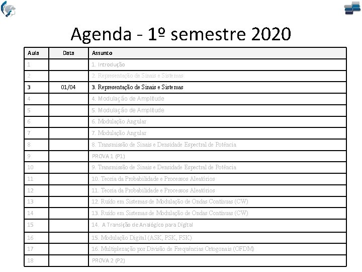 Agenda - 1º semestre 2020 Aula Data Assunto 1 1. Introdução 2 2. Representação