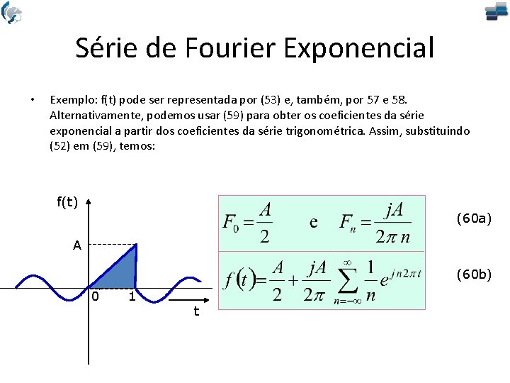 Série de Fourier Exponencial • Exemplo: f(t) pode ser representada por (53) e, também,