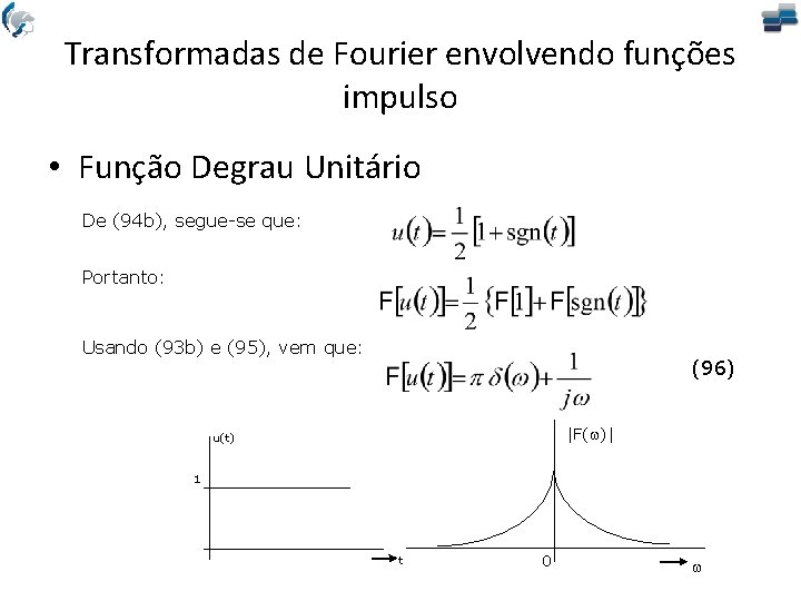 Transformadas de Fourier envolvendo funções impulso • Função Degrau Unitário De (94 b), segue-se