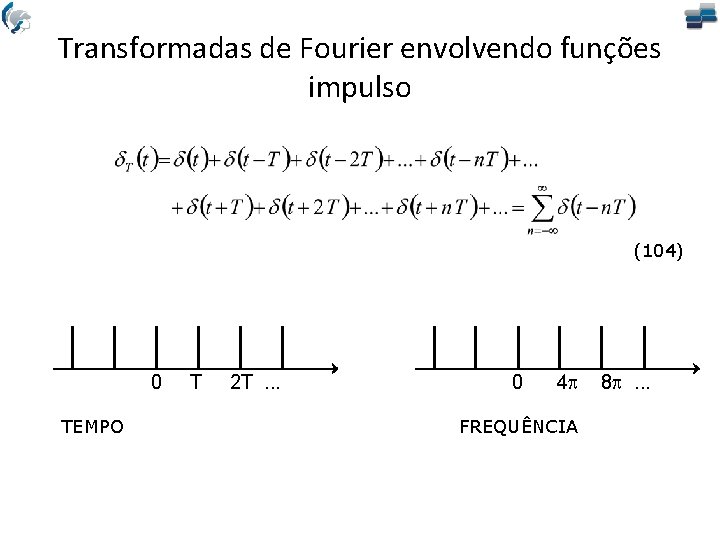 Transformadas de Fourier envolvendo funções impulso (104) 0 TEMPO T 2 T. . .