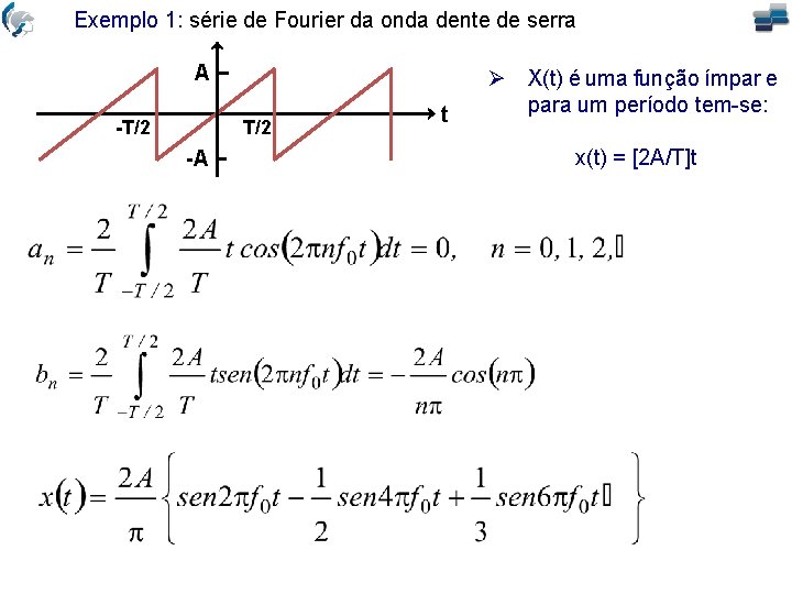 Exemplo 1: série de Fourier da onda dente de serra A -T/2 -A t