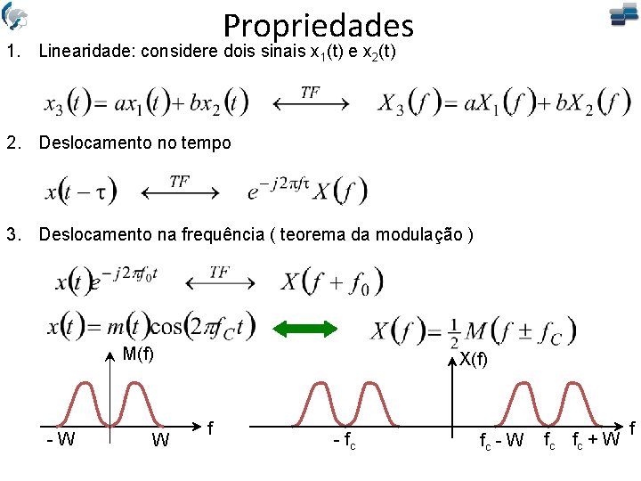 Propriedades 1. Linearidade: considere dois sinais x 1(t) e x 2(t) 2. Deslocamento no