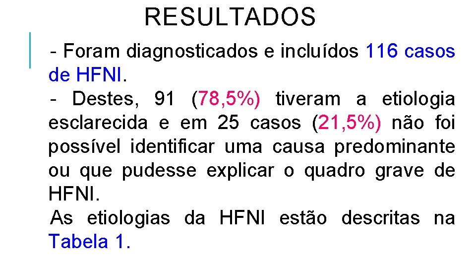 RESULTADOS - Foram diagnosticados e incluídos 116 casos de HFNI. - Destes, 91 (78,