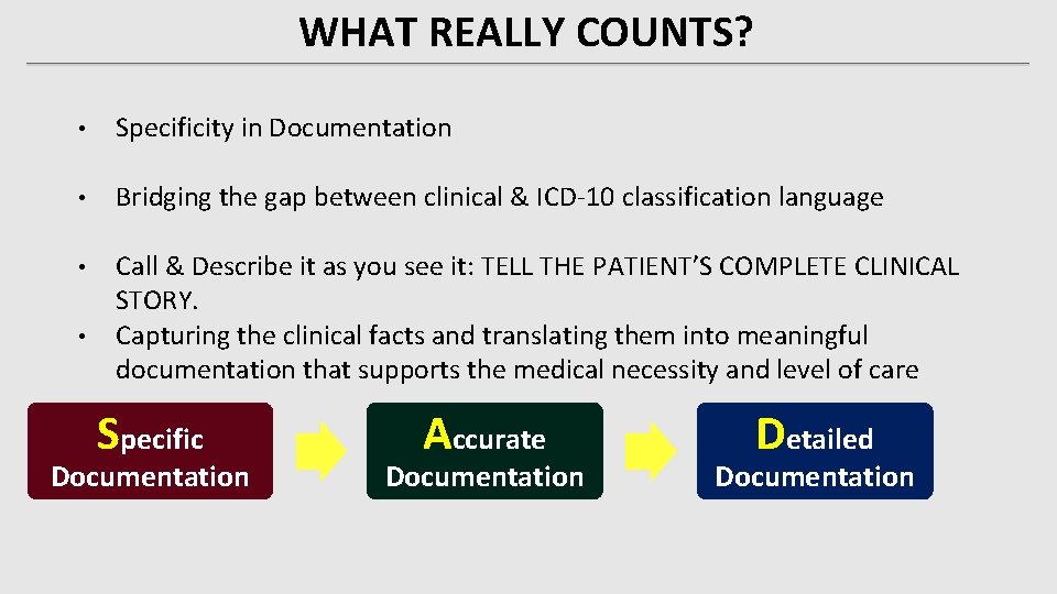 WHAT REALLY COUNTS? • Specificity in Documentation • Bridging the gap between clinical & WHAT REALLY COUNTS? • Specificity in Documentation • Bridging the gap between clinical &