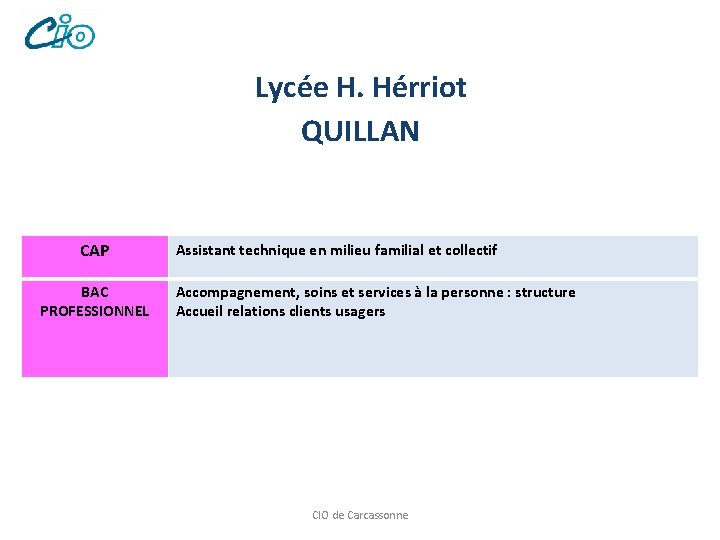 Lycée H. Hérriot QUILLAN CAP BAC PROFESSIONNEL Assistant technique en milieu familial et collectif