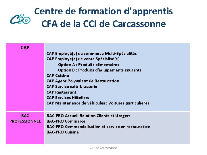 Centre de formation d’apprentis CFA de la CCI de Carcassonne CAP BAC PROFESSIONNEL CAP