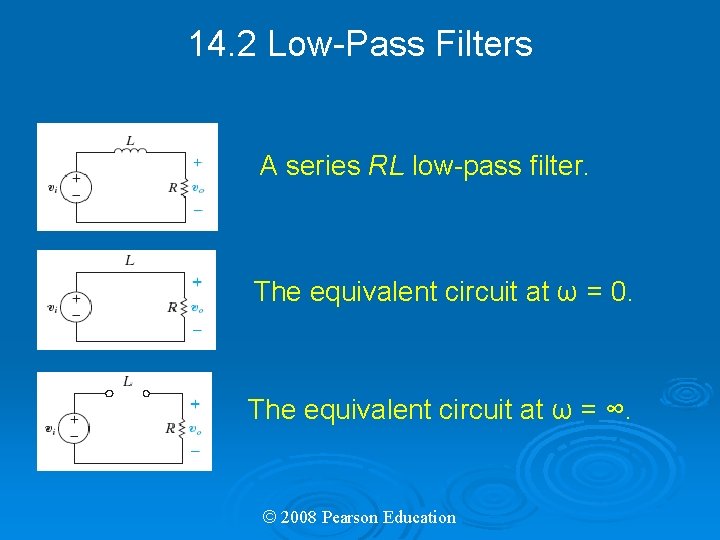 14. 2 Low-Pass Filters A series RL low-pass filter. The equivalent circuit at ω