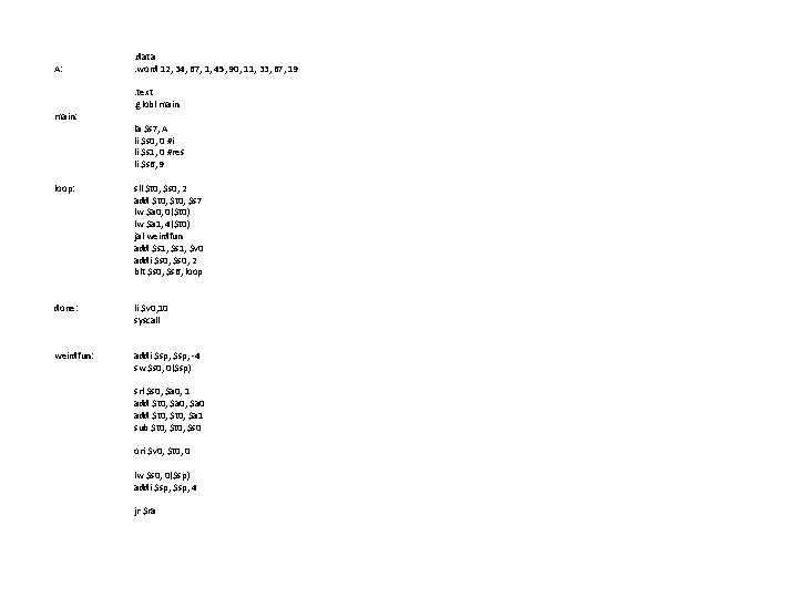 A: main: . data. word 12, 34, 67, 1, 45, 90, 11, 33, 67, A: main: . data. word 12, 34, 67, 1, 45, 90, 11, 33, 67,