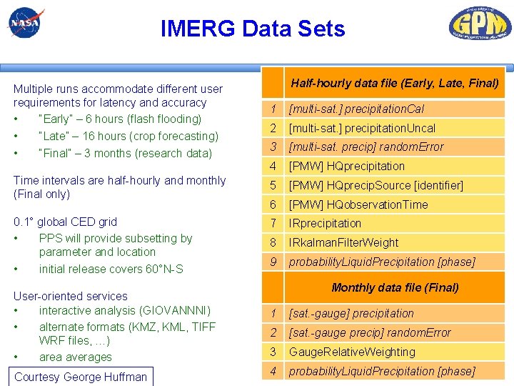 IMERG Data Sets Multiple runs accommodate different user requirements for latency and accuracy • IMERG Data Sets Multiple runs accommodate different user requirements for latency and accuracy •